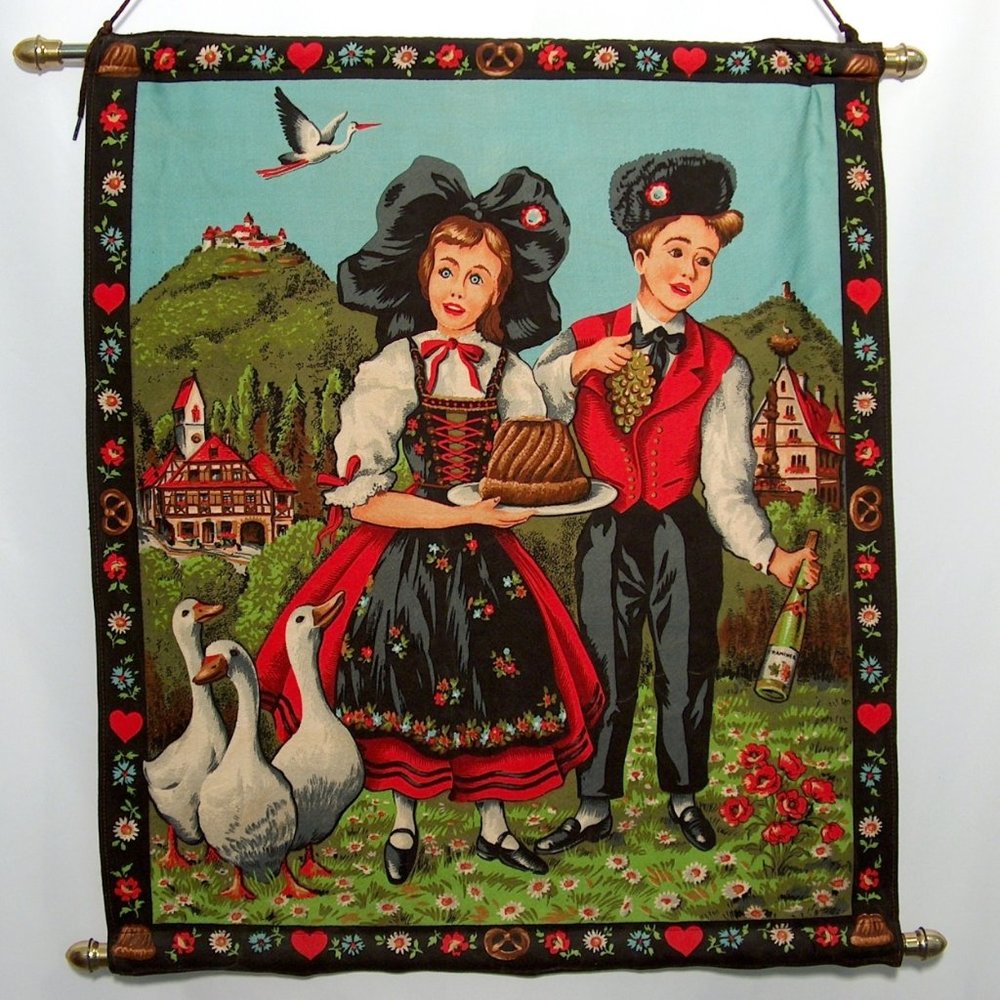Vintage German Wall Hanging Girl Boy Mountains Floral Decor 1950s